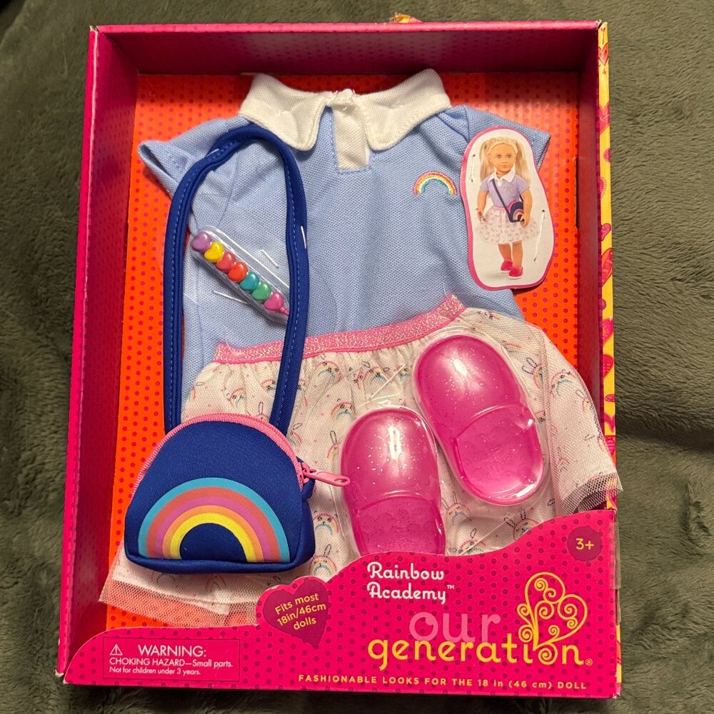 Our Generation Rainbow Academy outfit for 18" dolls top skirt shoes purse pen